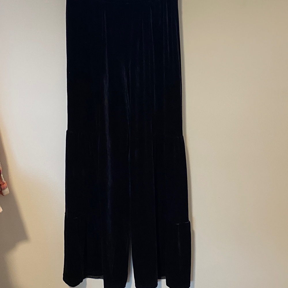 Black Boho Velvet Wide-Leg Pants with tiered bottom Details